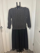 Next Grey Cable Knit Sweater Dress UK 6 Black Pleated Skirt Layered 2-in-1 VGC
