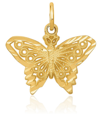 14K massiver Gelbgold filigraner kleiner Schmetterling Anhänger Halskette 18mm 3/4 Zoll