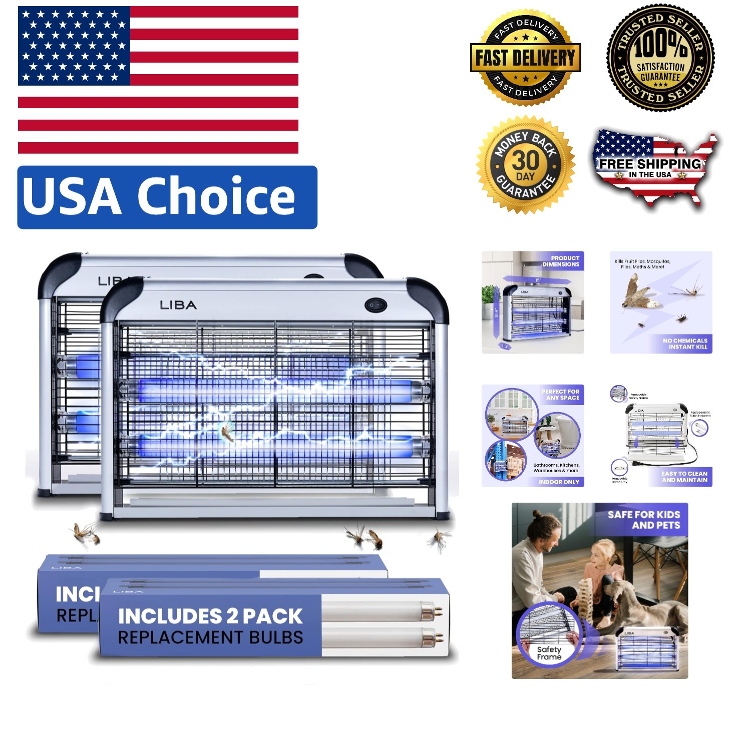 Powerful Electric Bug Zapper Set - 2 Indoor Units with 4 Bon