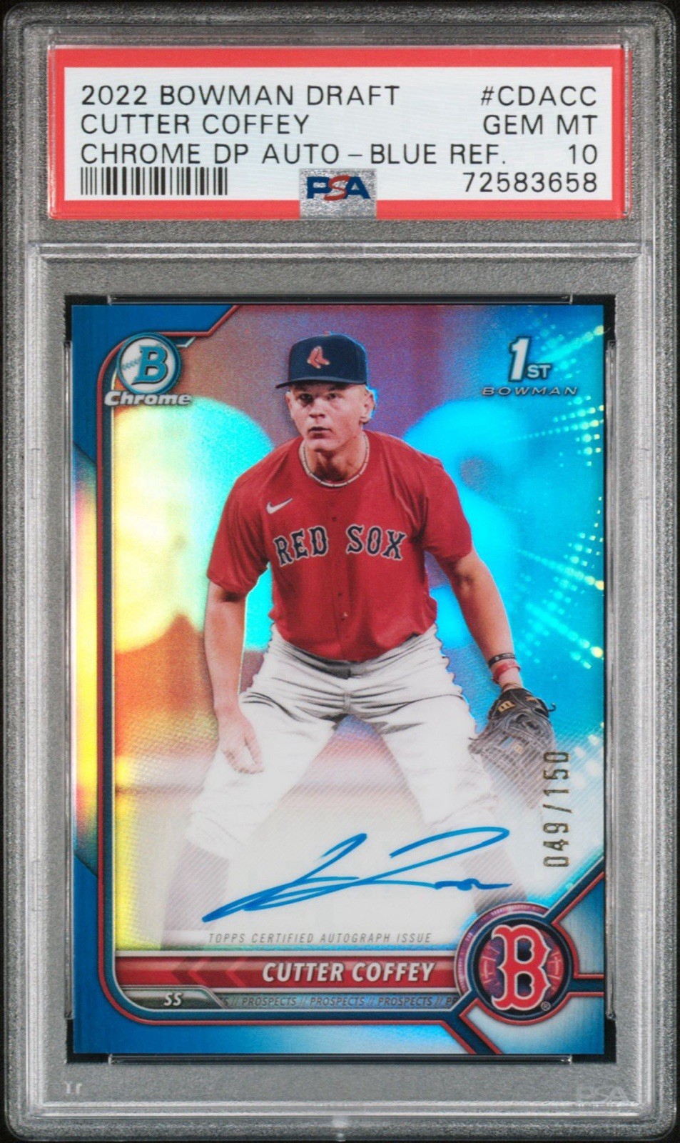 2022 Bowman Draft Chrome Cutter Coffey 1st Blue Refractor Auto /150 PSA 10