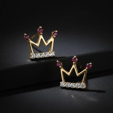 Solid 14K Yellow Gold Crown CZ Stud Earrings Sparkling Royal Design Gift Unisex