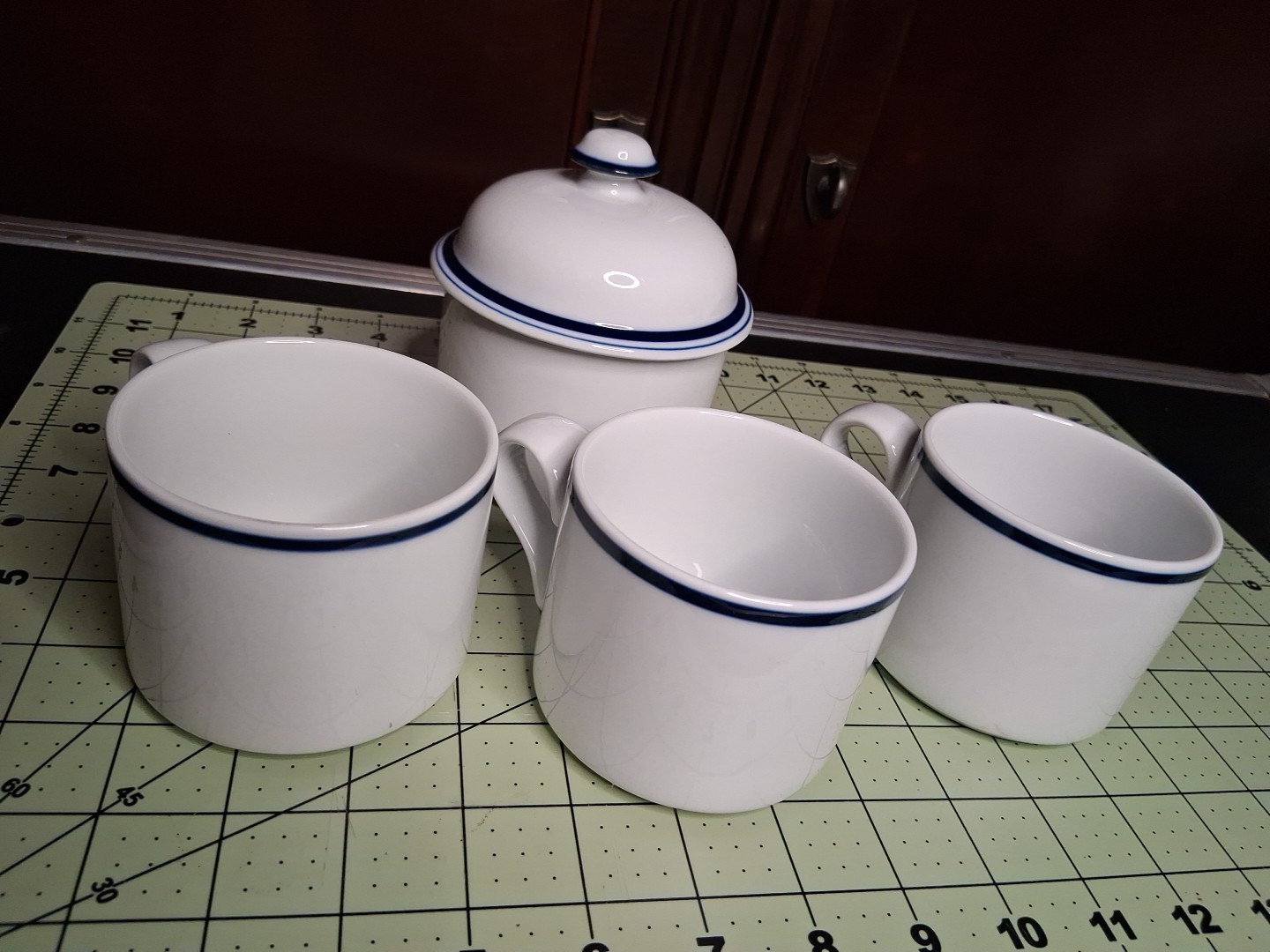 Set of 3 Dansk BISTRO Christianshavn Blue Stripe Cups and Sugar Bowl with Lid