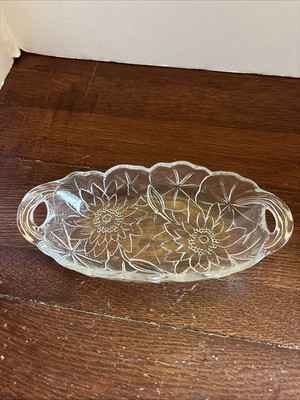 Indiana Glass Clear Lily Pons Pickle Relish Dish Handled Oval Bowl