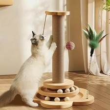 Wooden Cat Scratching Post Interactive Sisal Rope Tree Tower Toy Rotating 2-Tier