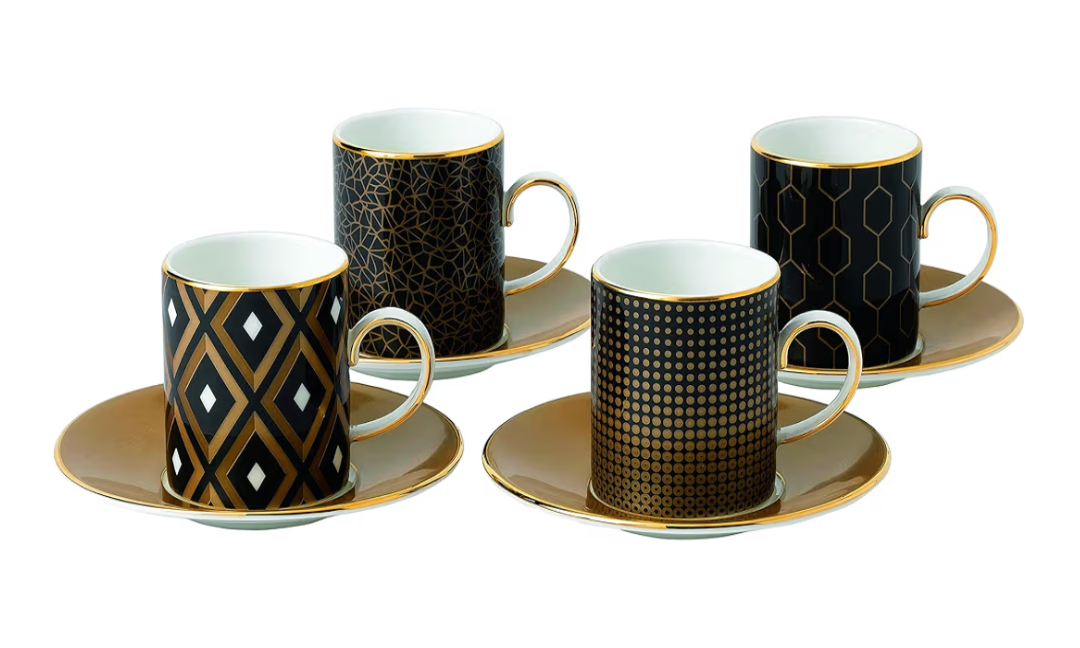 Wedgwood Gio Gold Accent Espresso Cup and Saucer Set of 4 Bone China Gift Boxed