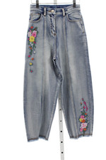 Monnalisa Girls Zipper Fly Straight Leg Fringe Floral Embroidered Jeans Blue 12