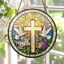 Cross And Wildflowers Stained Glass Suncatcher, Christian Glass Windows Hanging