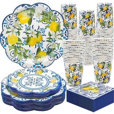 100 PCS Capri Lemon Blue Tile 9/7 Inch Paper Plates Napkins Cups Tableware