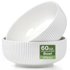 2 Pack Salad Bowl 8 inch 60 oz Large Serving Set Deep for Kitchen White Ceramic