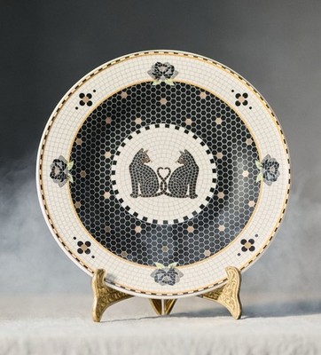 Anthropologie Bistro Tile Halloween Black Cat Dessert Plate 8.25  Stoneware NEW!