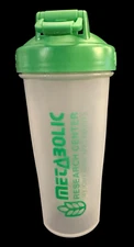 Metabolic Blender Bottle 28 oz Clear Plastic Green Snap Lid Wire Whisk Ball Cup