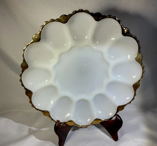 Deviled Egg Vintage Anchor Hocking White Milk Glass Dish Platter Tray Gold Rim