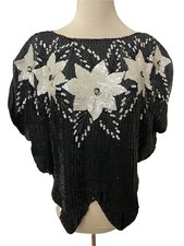 Vintage 1970s Sequin Floral Top Boho Disco Silk Beaded Silver Shimmer S M VGC