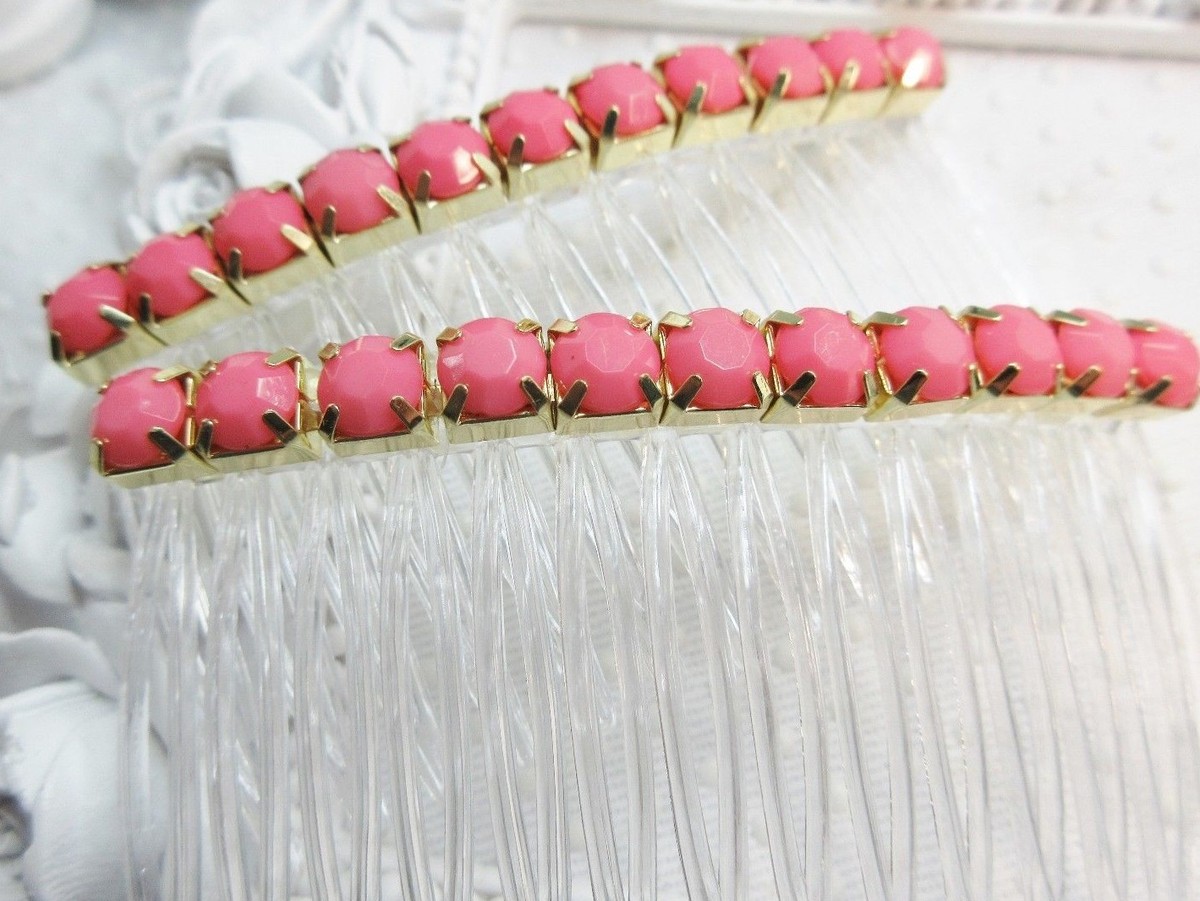 6 mm Opaque Coral Color Rhinestones Side Hair Comb Pair 