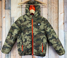 Hurley Quilted Full Zip Hooded Jacket Youth Boy's Large 12-13 Brown Camo Orange