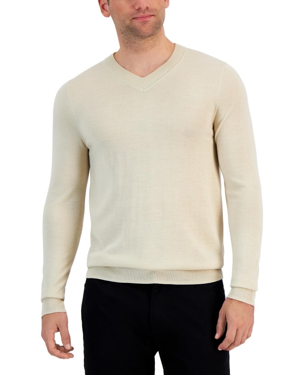 Alfani Men's Long Sleeve V Neck Merino Sweater Beige XL 12687