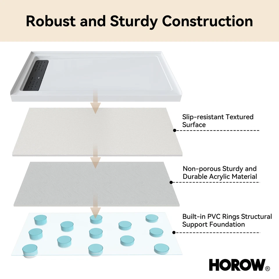 Base de Ducha HOROW, Sartén de Ducha Rectangular Antideslizante Umbral Único Foto 3 de 4