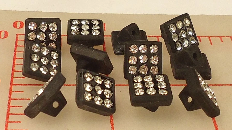 10 Vintage Small Black Glass Square Shank Rhinestone Button Czech 3/8" 10mm #461 - Image 4 of 4