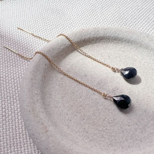 Black Onyx Faceted Pear Shape Gold Plated Chain Threader Dangle Drop Earrings - Picture 16 of 17