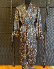 VICTORIAS SECRET Long KIMONO WRAP ROBE Small Jacobean BLUE GOLD Paisley Belted
