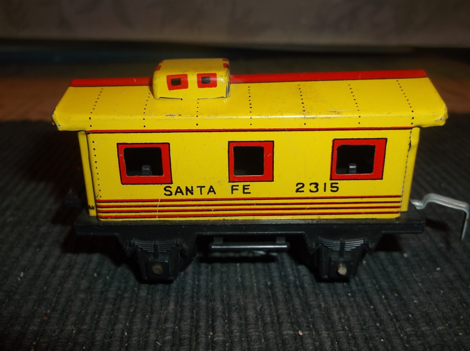 Vintage TOY TRAIN PASSENGER CAR/PRESSED TIN Yellow Red ?Santa Fe 2315