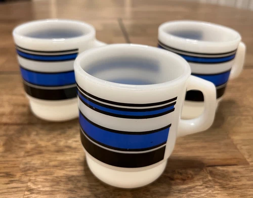 Vintage Fire King Anchor Hocking Blue Super Stripe stacking mugs lot of 3