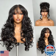 GORGIUS Black Wigs with Bang Body Wave Wig Long Natural Black Glueless Wavy W