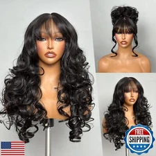 GORGIUS Black Wigs with Bang Body Wave Wig Long Natural Black Glueless Wavy W