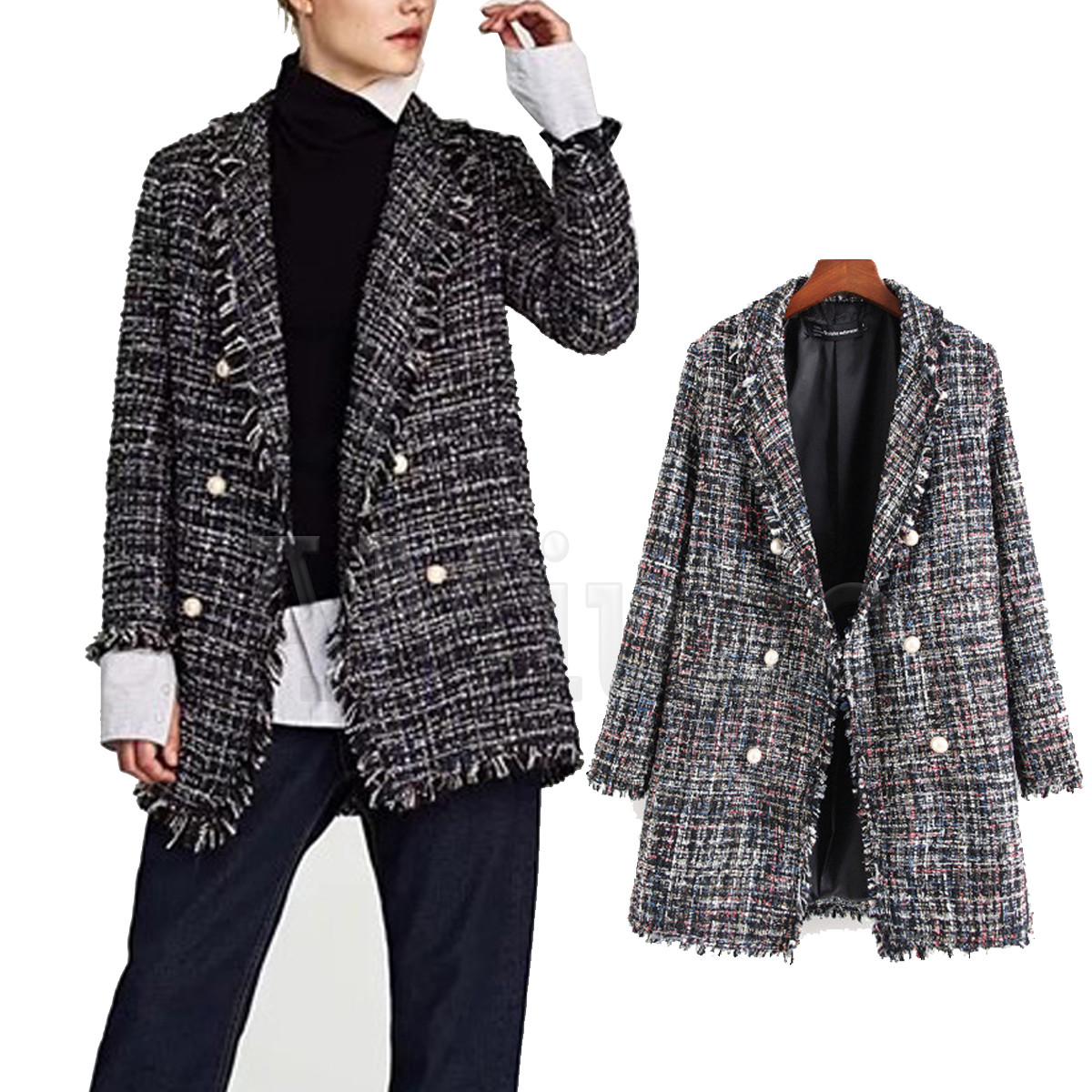 ALTRA Women's Tweed Jacket Wool Leisure Ribbon Weave Parka Ladies' Pearl Button Coats