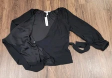 Trina Turk Wrap Blouse Womens Size S Color Black VNeck Long Sleeve Tie Waist Top