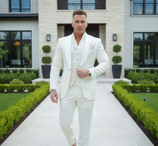 Men's White Jacquard 3 Piece Suit Slim fit Luxury Tuxedo Wedding Party Suit