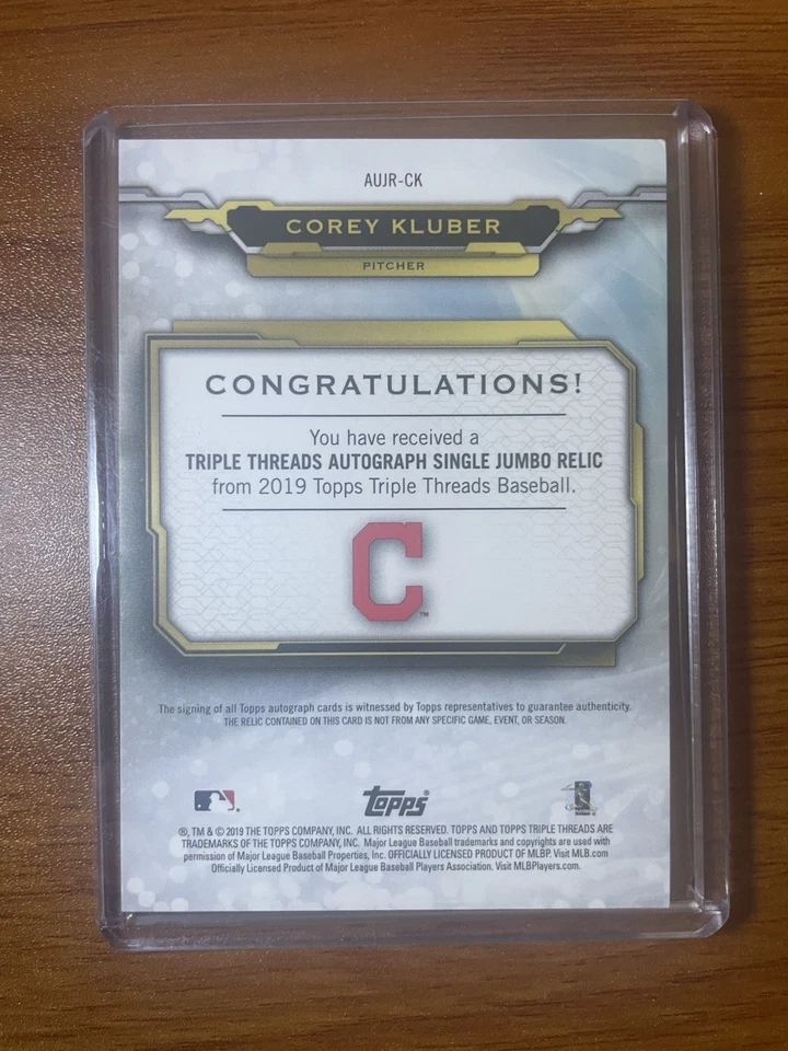 Corey Kluber 2019 Topps Triple Threads Patch Auto Gold 1/1* Bookend 25/25 READ - Image 2 of 2