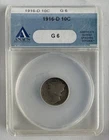1916 D Mercury 10-Cents Dime Certified ANACS Graded G6 Good Condition