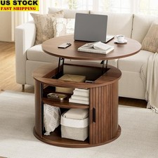 Lift Top Round Coffee Table W/ Fluted Sliding Doors Storage  Accent Design New