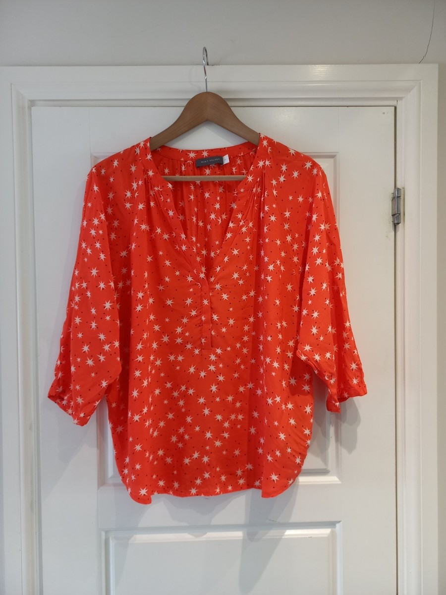 Mint Velvet Orange Star Print Blouse Top 14 Uk 3/4 Sleeve UK