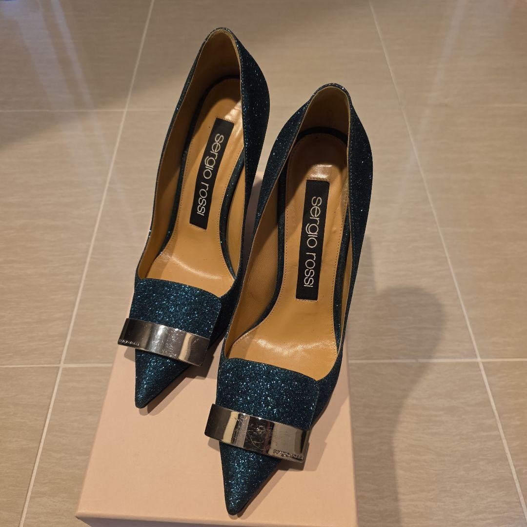 Rare Sergio Rossi SR1 Glitter Pointed Toe Heels Blue Women's Size EU37 US7