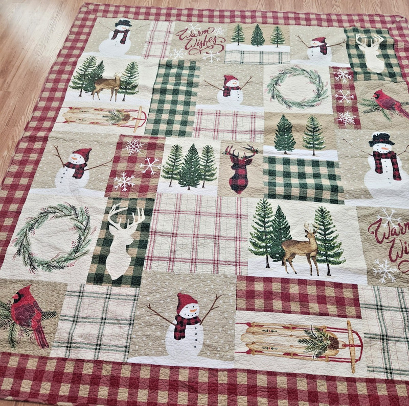 ST.NICHOLAS SQUARE HANDMADE CHRISTMAS QUILT  92X88 INCHES SNOWMEN XMAS TREES DEE