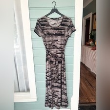 H by Halston grey abstract print jersey knit dress maxi long scoop neck fall S