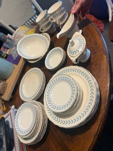 Edwin M. Knowles Semi Vitreous Blue Leaf Dinner Set Plates, Cup, Creamer