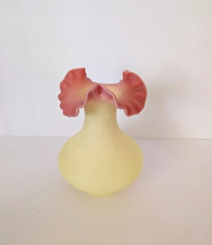 Vintage Fenton Burmese Fenton Vase Ruffled Satin Yellow to Pink Uranium 7.5"