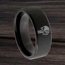 Pipe Cut Black Titanium American Flag Punisher Skull Mens Wedding Band
