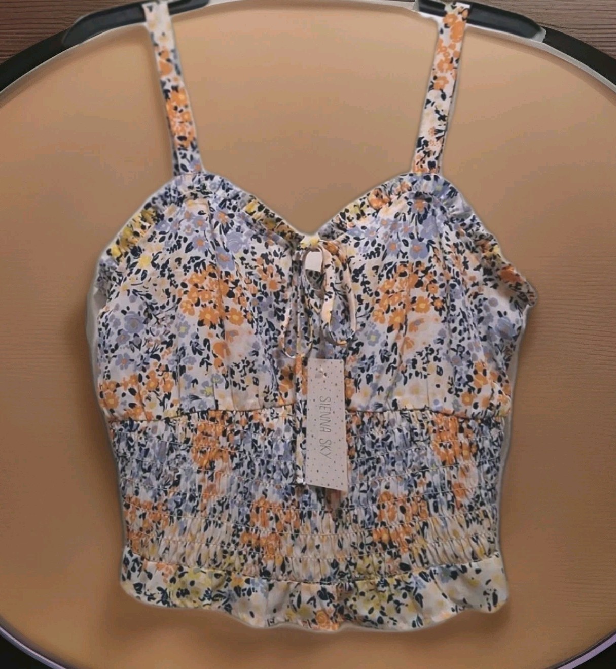 NWT Sienna Sky Floral Cropped Tank Top Smocked Waist Ruffled Hem Junior's Sz L