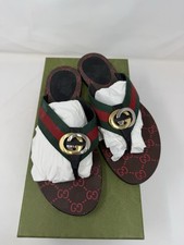 Gucci Kika GG Logo Web Stripe Leather Thong Flat Flip Flop Sandals Size 38.5