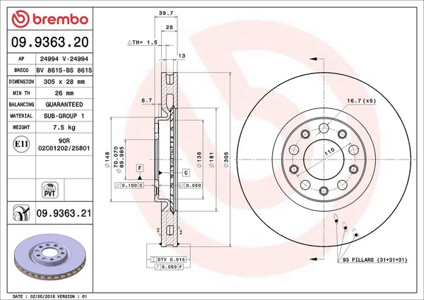 2X Bremsscheibe Prime Brembo 09.9363.20 FüR Alfa Giulietta Renegade BU Jeep 159-image