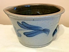 Vintage Handmade Gray Salt Glazed 8" Batter Bowl w Blue Design by Rowe Pottery