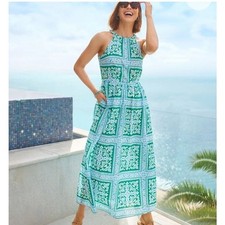 NWT Talbots 6P Petite Medallion Tile Halter Maxi Dress Green White Cotton Summer