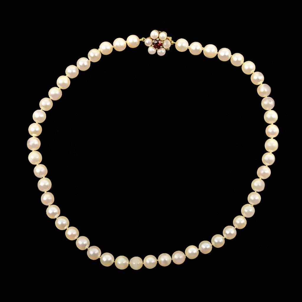 Vintage Pearl Necklace 9ct Gold Garnet Floral Clasp Choker 1985