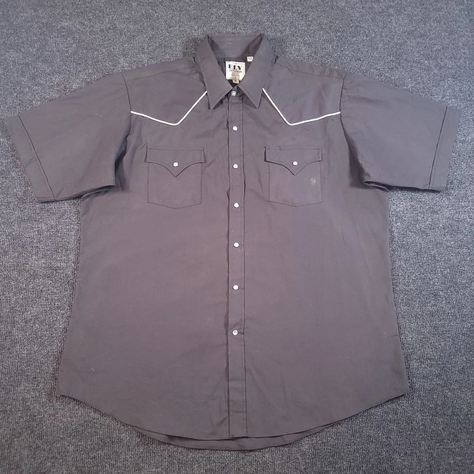 Ely Cattleman Western Pearl Snap Shirt XL Black Short Sleeve Piped Cowboy - Image 2 of 4
