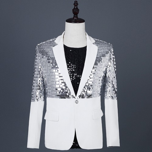 Men Sequin Notch Lapel Suit Blazer Tuxedo Jacket Coat Showman Costume Casual Top - Picture 5 of 14