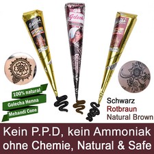 Golecha Henna Paste Tattoo Kegel-Set (Schwarz+Braun+Kastanienrot) No PPD, 75g